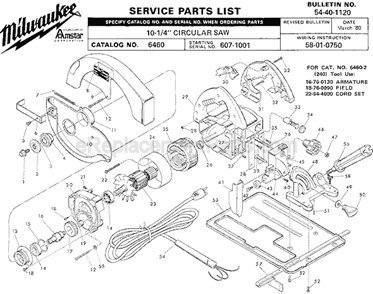 Page A Diagram and Parts List for 6460 SER 607-1001 Milwaukee Circular Saw