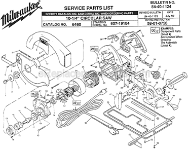 Page A Diagram and Parts List for 6460 SER 607-19104 Milwaukee Circular Saw