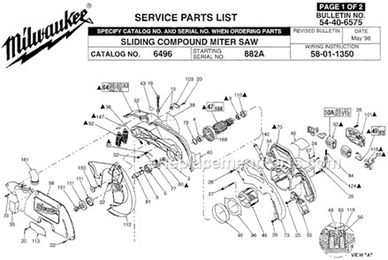 Page A Diagram and Parts List for 6496 SER 882A Milwaukee Miter Saw