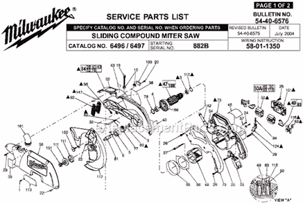 Page A Diagram and Parts List for 6496 SER 882B Milwaukee Miter Saw
