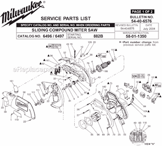 Page A Diagram and Parts List for 6497 SER 882B Milwaukee Miter Saw