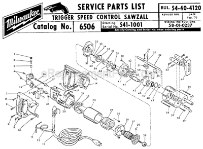 Page A Diagram and Parts List for 6506 SER 541-1001 Milwaukee Reciprocating Saw