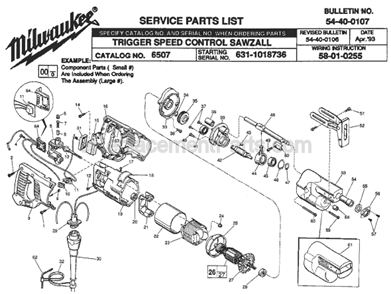 Page A Diagram and Parts List for 6507 SER 631-1018736 Milwaukee Reciprocating Saw