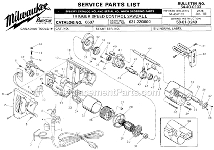 Page A Diagram and Parts List for 6507 SER 631-220000 Milwaukee Reciprocating Saw