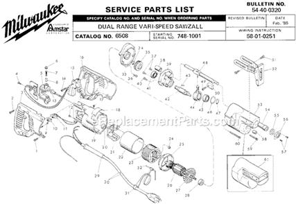 Page A Diagram and Parts List for 6508 SER 748-1001 Milwaukee Reciprocating Saw