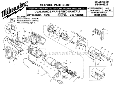 Page A Diagram and Parts List for 6508 SER 748-426235 Milwaukee Reciprocating Saw