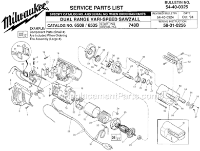 Page A Diagram and Parts List for 6508 SER 748B Milwaukee Reciprocating Saw