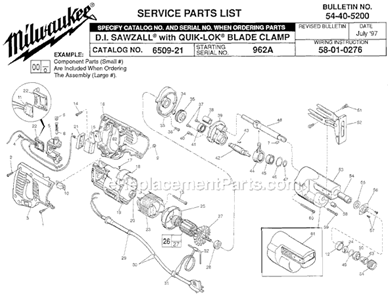 Page A Diagram and Parts List for 6509-21 SER 962A Milwaukee Reciprocating Saw