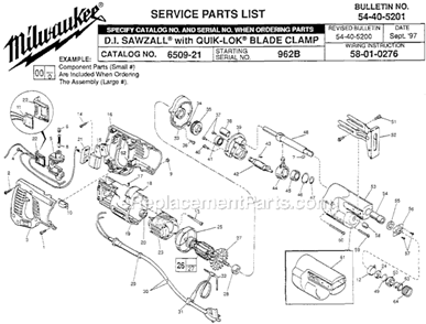 Page A Diagram and Parts List for 6509-21 SER 962B Milwaukee Reciprocating Saw