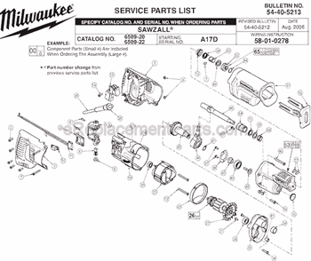 Page A Diagram and Parts List for 6509-22 SER A17D Milwaukee Reciprocating Saw