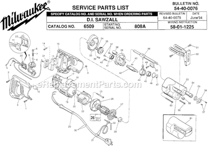 Page A Diagram and Parts List for 6509 SER 808A Milwaukee Reciprocating Saw