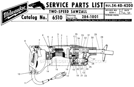 Page A Diagram and Parts List for 6510 Ser 284-1001 Milwaukee Reciprocating Saw