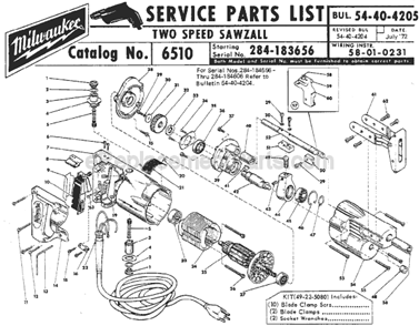 Page A Diagram and Parts List for 6510 SER 284-183656 Milwaukee Reciprocating Saw