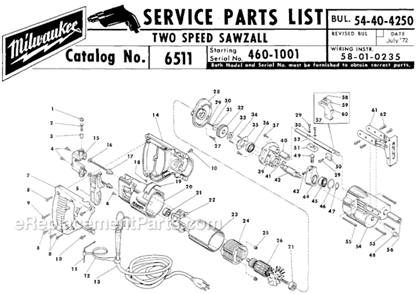 Page A Diagram and Parts List for 6511 SER 460-1001 Milwaukee Reciprocating Saw