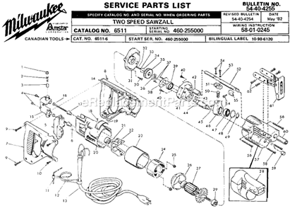 Page A Diagram and Parts List for 6511 SER 460-255000 Milwaukee Reciprocating Saw