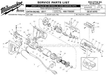 Page A Diagram and Parts List for 6511 SER 460-700000 Milwaukee Reciprocating Saw