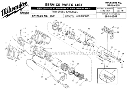 Page A Diagram and Parts List for 6511 SER 460-838000 Milwaukee Reciprocating Saw