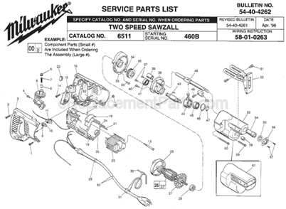 Page A Diagram and Parts List for 6511 SER 460B Milwaukee Reciprocating Saw
