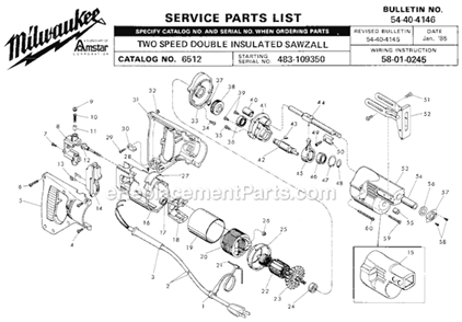Page A Diagram and Parts List for 6512 SER 483-109350 Milwaukee Reciprocating Saw