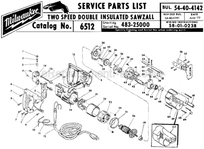 Page A Diagram and Parts List for 6512 SER 483-25000 Milwaukee Reciprocating Saw