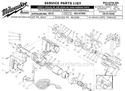 Page A Diagram and Parts List for 6512 SER 483-47000 Milwaukee Reciprocating Saw