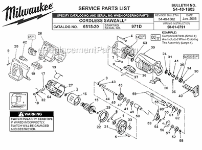 Page A Diagram and Parts List for 6515-20 SER 971D Milwaukee Reciprocating Saw