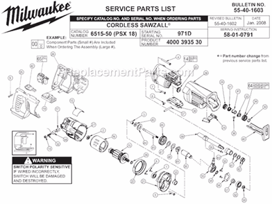 Page A Diagram and Parts List for 6515-50 SER 971D Milwaukee Reciprocating Saw