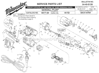Page A Diagram and Parts List for 6517-20 SER 917D Milwaukee Reciprocating Saw