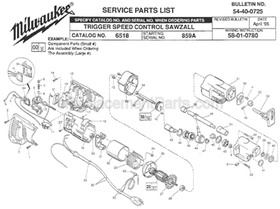 Page A Diagram and Parts List for 6518 SER 859A Milwaukee Reciprocating Saw