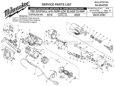 Page A Diagram and Parts List for 6518 SER 859E Milwaukee Reciprocating Saw