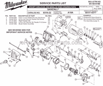 Page A Diagram and Parts List for 6519-22 SER A18A Milwaukee Reciprocating Saw