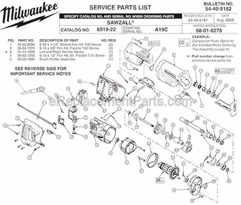 Page A Diagram and Parts List for 6519-22 SER A18C Milwaukee Reciprocating Saw