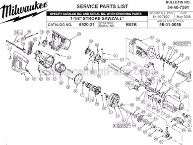 Page A Diagram and Parts List for 6520-21 SER B02B Milwaukee Reciprocating Saw