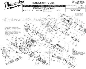 Page A Diagram and Parts List for 6521-21 SER 981A Milwaukee Reciprocating Saw