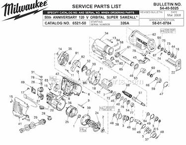 Page A Diagram and Parts List for 6521-50 SER 326A Milwaukee Reciprocating Saw
