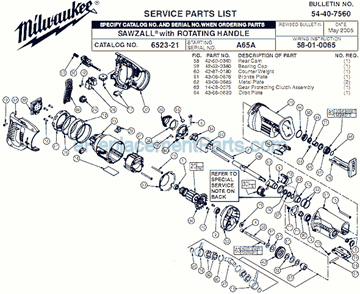Page A Diagram and Parts List for 6523-21 SER A65A Milwaukee Reciprocating Saw