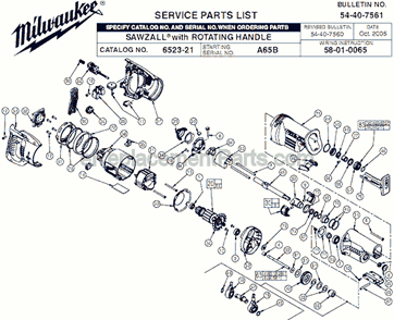 Page A Diagram and Parts List for 6523-21 SER A65B Milwaukee Reciprocating Saw