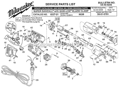 Page A Diagram and Parts List for 6527-21 SER 963B Milwaukee Reciprocating Saw