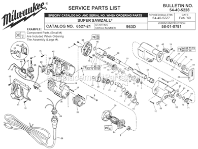 Page A Diagram and Parts List for 6527-21 SER 963D Milwaukee Reciprocating Saw