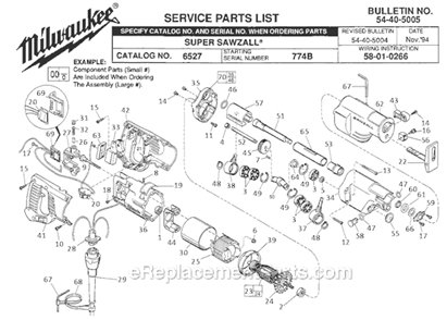 Page A Diagram and Parts List for 6527 SER 774B Milwaukee Reciprocating Saw