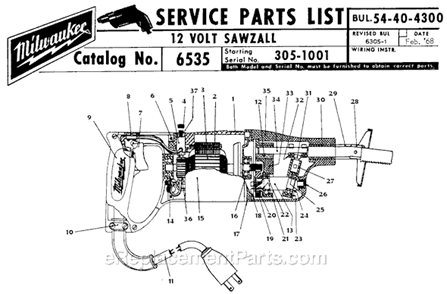 Page A Diagram and Parts List for 6535 SER 305-1001 Milwaukee Reciprocating Saw