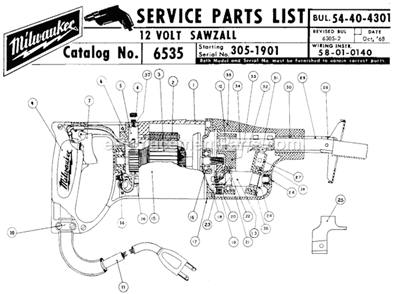 Page A Diagram and Parts List for 6535 SER 305-1901 Milwaukee Reciprocating Saw