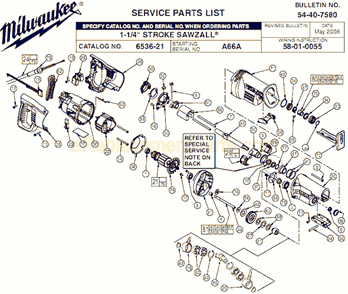 Page A Diagram and Parts List for 6536-21 SER A66A Milwaukee Reciprocating Saw