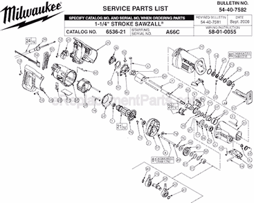 Page A Diagram and Parts List for 6536-21 SER A66C Milwaukee Reciprocating Saw
