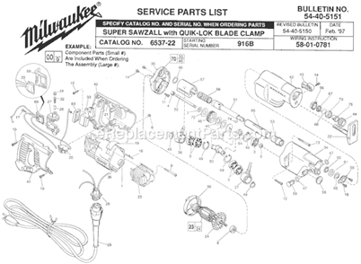 Page A Diagram and Parts List for 6537-22 SER 916B Milwaukee Reciprocating Saw
