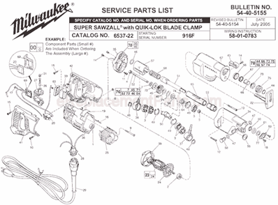 Page A Diagram and Parts List for 6537-22 SER 916F Milwaukee Reciprocating Saw
