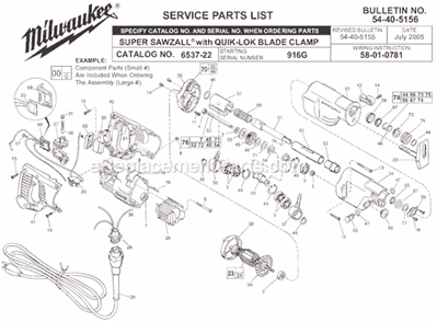 Page A Diagram and Parts List for 6537-22 SER 916G Milwaukee Reciprocating Saw