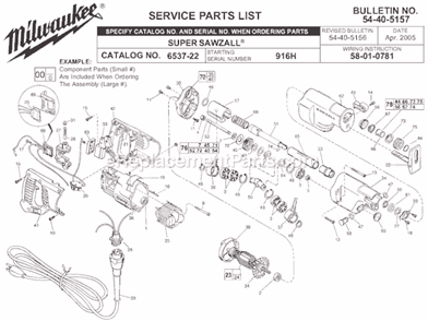 Page A Diagram and Parts List for 6537-22 SER 916H Milwaukee Reciprocating Saw