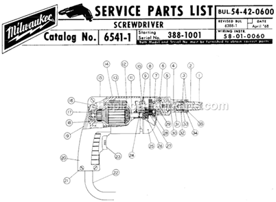 Page A Diagram and Parts List for 6541-1 SER 388-1001 Milwaukee Electric Drill