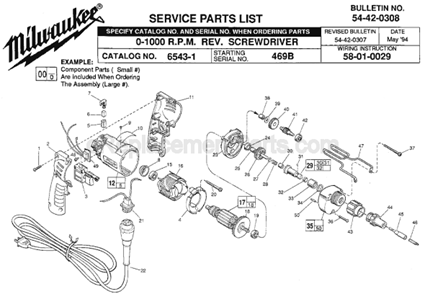 Page A Diagram and Parts List for 6543-1 SER 469B Milwaukee Electric Drill
